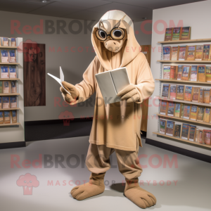 Tan Stilt Walker mascot costume character dressed with a Hoodie and Reading glasses