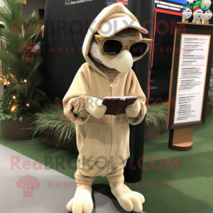 Tan Stilt Walker mascot costume character dressed with a Hoodie and Reading glasses