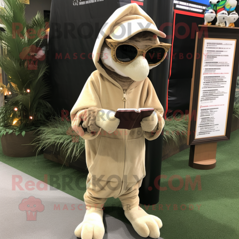 Tan Stilt Walker mascot costume character dressed with a Hoodie and Reading glasses Tan Stilt Walker mascot costume character dressed with a Hoodie and Reading glasses