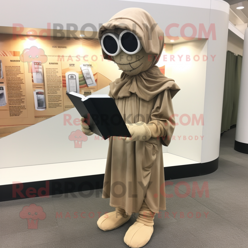 Tan Stilt Walker mascot costume character dressed with a Hoodie and Reading glasses Tan Stilt Walker mascot costume character dressed with a Hoodie and Reading glasses