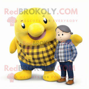 Yellow Whale mascot costume character dressed with a Flannel Shirt and Watches