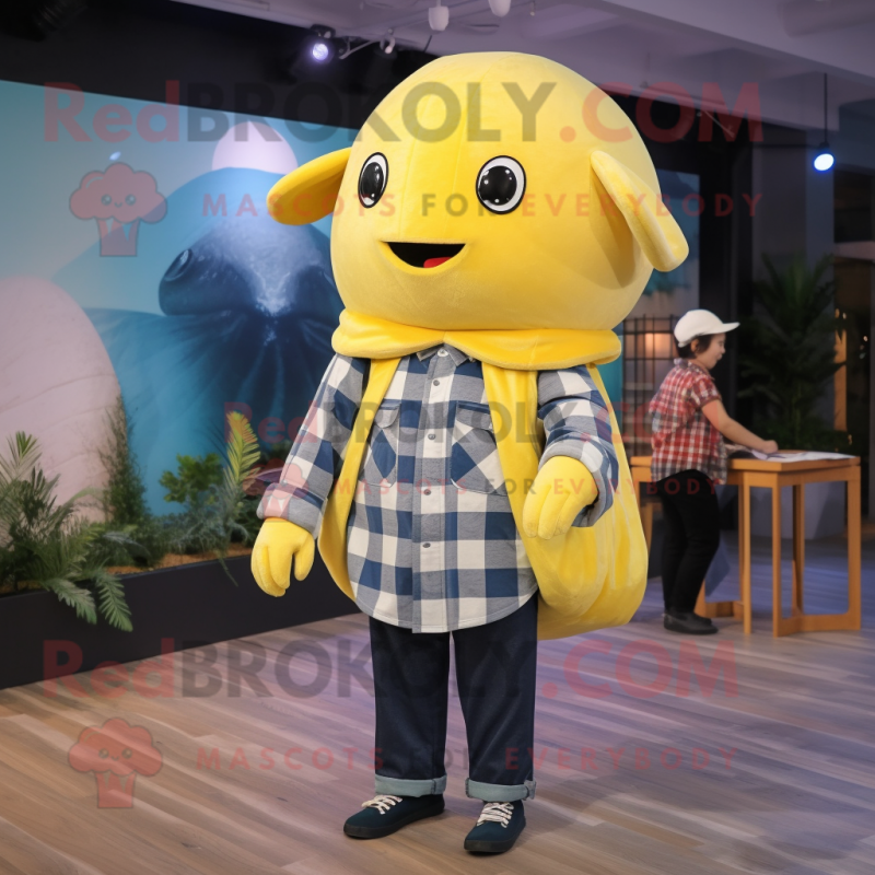 Yellow Whale mascot costume character dressed with a Flannel Shirt and Watches