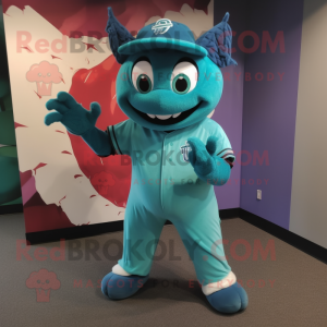 Teal Devil mascot costume character dressed with a Baseball Tee and Tie pins