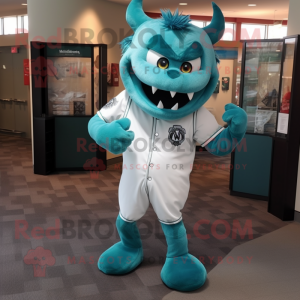 Teal Devil mascot costume character dressed with a Baseball Tee and Tie pins