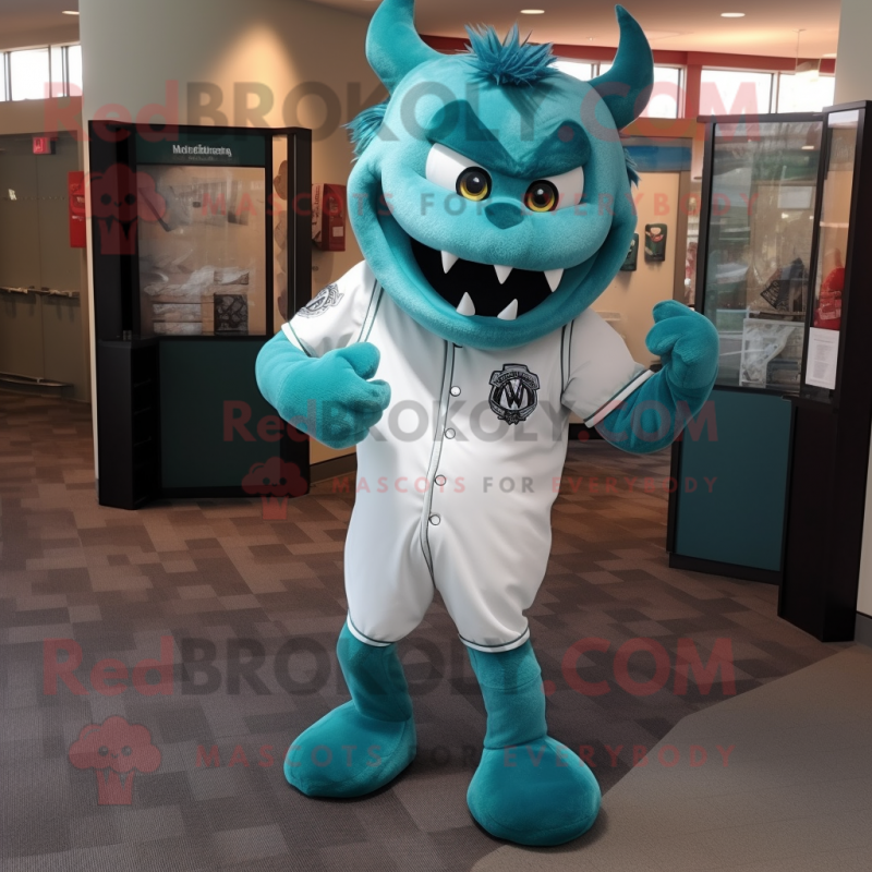 Teal Devil mascot costume character dressed with a Baseball Tee and Tie pins Teal Devil mascot costume character dressed with a Baseball Tee and Tie pins
