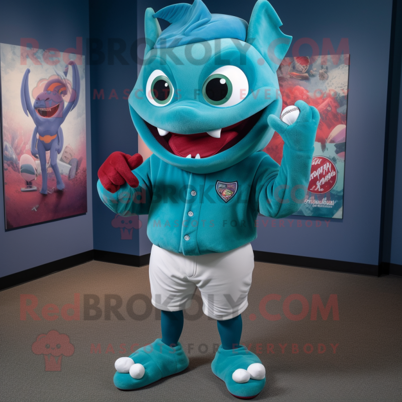 Teal Devil mascot costume character dressed with a Baseball Tee and Tie pins Teal Devil mascot costume character dressed with a Baseball Tee and Tie pins