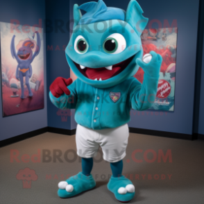 Teal Devil mascot costume character dressed with a Baseball Tee and Tie pins