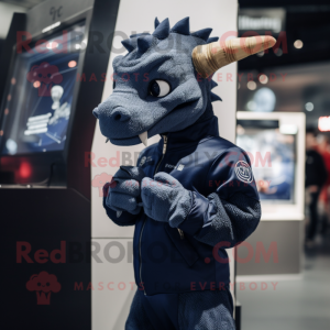 Navy Dragon mascot costume character dressed with a Sweatshirt and Lapel pins