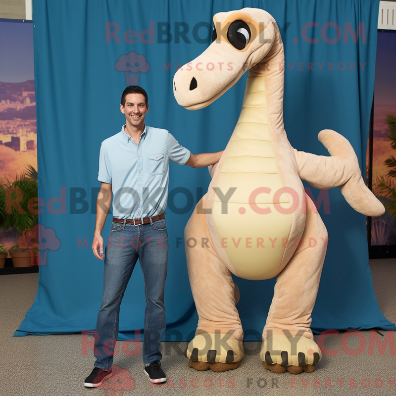 Mascot character of a Tan Brachiosaurus dressed with a Boyfriend Jeans and Cummerbunds Mascot character of a Tan Brachiosaurus dressed with a Boyfriend Jeans and Cummerbunds
