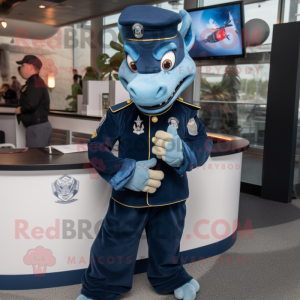 Navy Dragon mascot costume character dressed with a Sweatshirt and Lapel pins