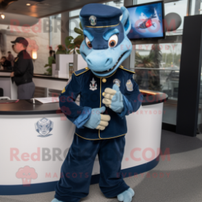 Navy Dragon mascot costume character dressed with a Sweatshirt and Lapel pins