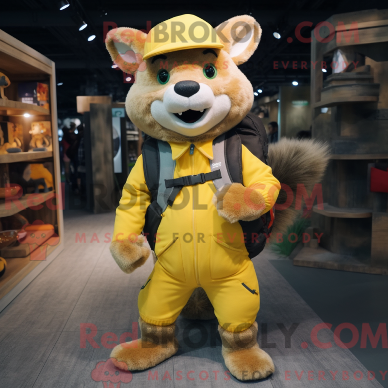 Mascot character of a Yellow Marten dressed with a Overalls and Backpacks Mascot character of a Yellow Marten dressed with a Overalls and Backpacks