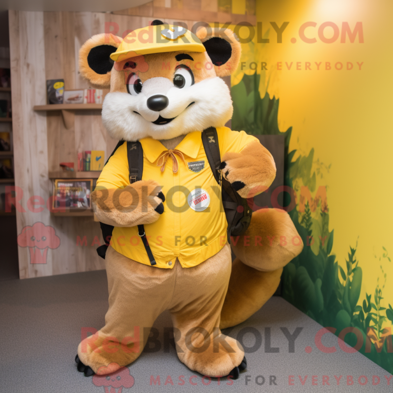 Mascot character of a Yellow Marten dressed with a Overalls and Backpacks Mascot character of a Yellow Marten dressed with a Overalls and Backpacks