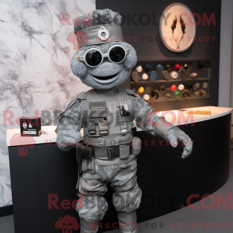 Mascot character of a Gray Para Commando dressed with a Cocktail Dress and Coin purses Mascot character of a Gray Para Commando dressed with a Cocktail Dress and Coin purses