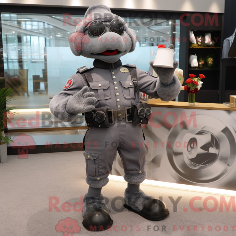 Mascot character of a Gray Para Commando dressed with a Cocktail Dress and Coin purses Mascot character of a Gray Para Commando dressed with a Cocktail Dress and Coin purses