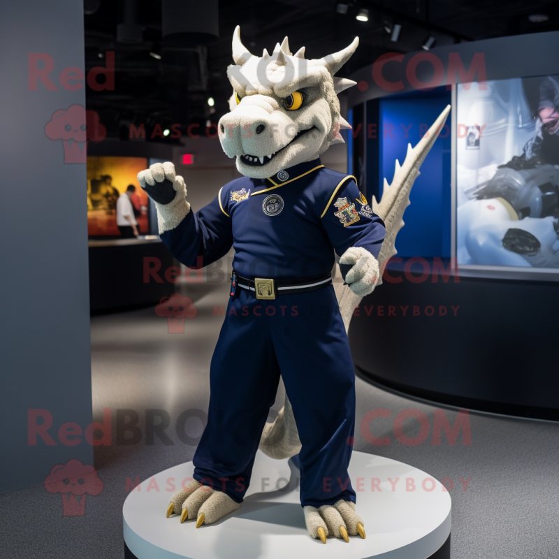 Navy Dragon mascot costume character dressed with a Sweatshirt and Lapel pins