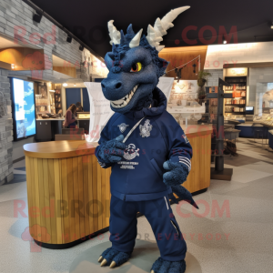 Navy Dragon mascot costume character dressed with a Sweatshirt and Lapel pins