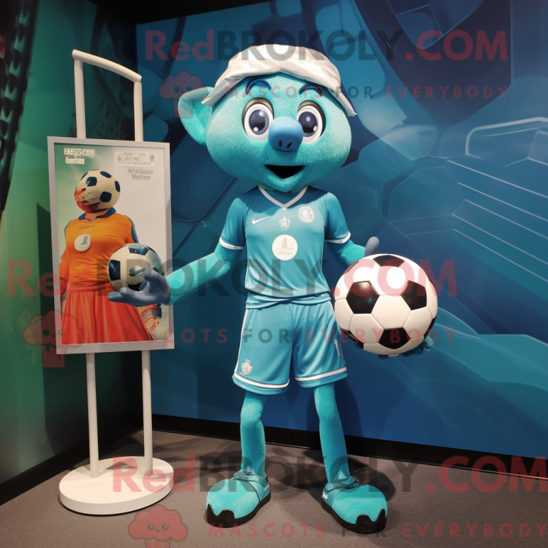 Mascot character of a Teal Soccer Ball dressed with a Mini Dress and Suspenders Mascot character of a Teal Soccer Ball dressed with a Mini Dress and Suspenders