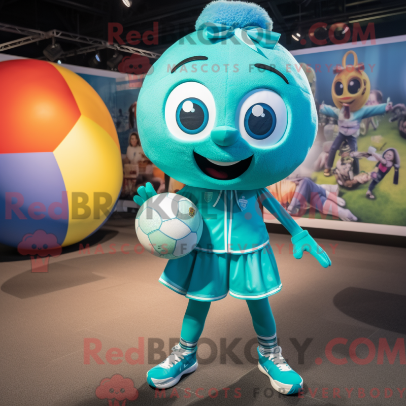 Mascot character of a Teal Soccer Ball dressed with a Mini Dress and Suspenders Mascot character of a Teal Soccer Ball dressed with a Mini Dress and Suspenders