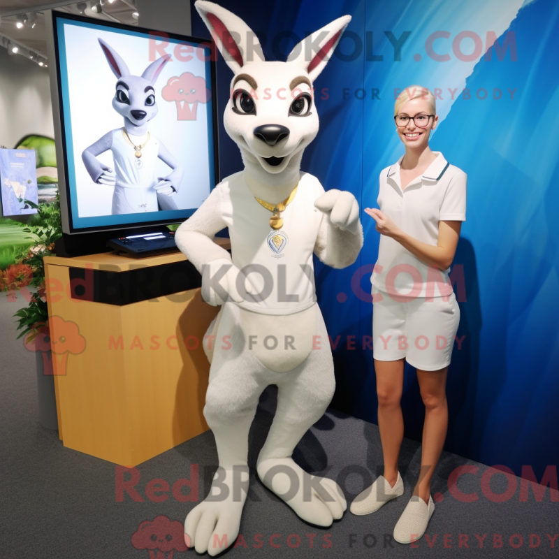 Mascot character of a White Kangaroo dressed with a Pencil Skirt and Bracelet watches Mascot character of a White Kangaroo dressed with a Pencil Skirt and Bracelet watches