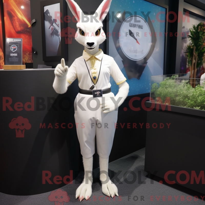Mascot character of a White Kangaroo dressed with a Pencil Skirt and Bracelet watches Mascot character of a White Kangaroo dressed with a Pencil Skirt and Bracelet watches