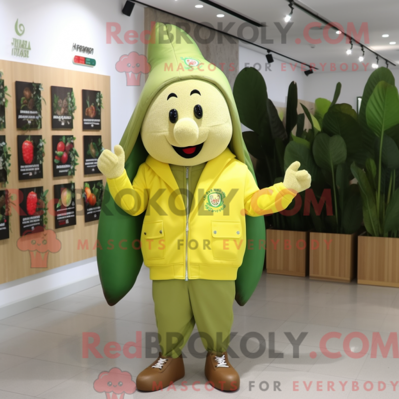 Mascot character of a Olive Banana dressed with a Jacket and Brooches Mascot character of a Olive Banana dressed with a Jacket and Brooches