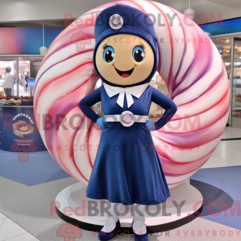 Mascot character of a Navy Donut dressed with a Wrap Skirt and Bracelet watches Mascot character of a Navy Donut dressed with a Wrap Skirt and Bracelet watches