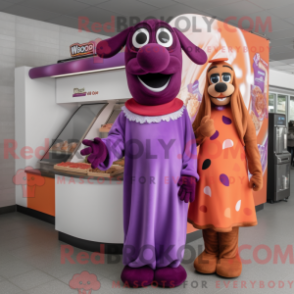 Mascot character of a Purple Hot Dogs dressed with a Maxi Dress and Watches