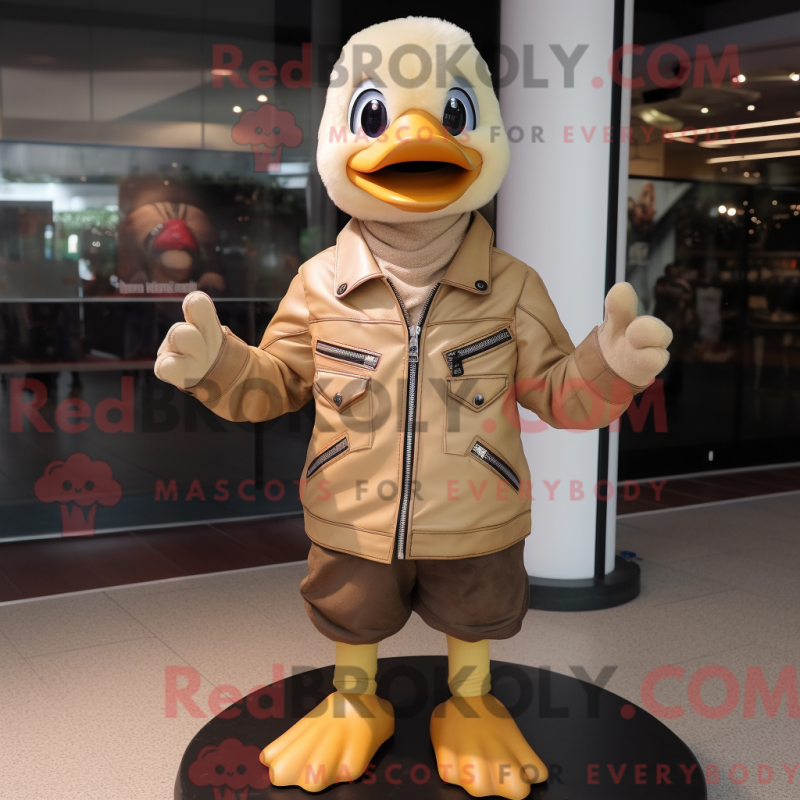 Mascot character of a Beige Gosling dressed with a Biker Jacket and Gloves Mascot character of a Beige Gosling dressed with a Biker Jacket and Gloves