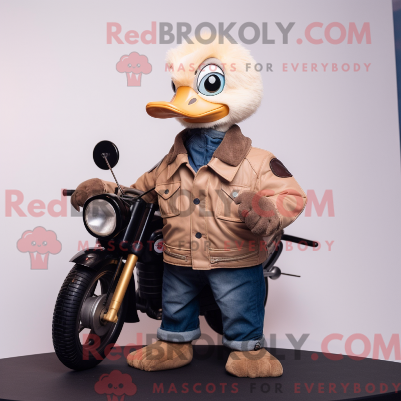 Mascot character of a Beige Gosling dressed with a Biker Jacket and Gloves Mascot character of a Beige Gosling dressed with a Biker Jacket and Gloves