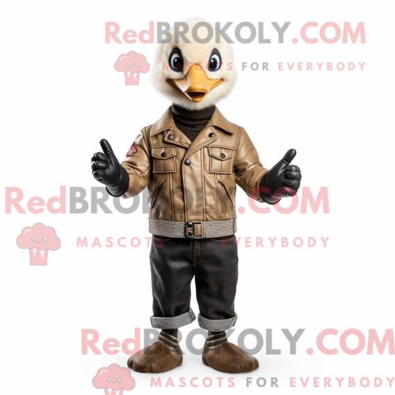 Mascot character of a Beige Gosling dressed with a Biker Jacket and Gloves Mascot character of a Beige Gosling dressed with a Biker Jacket and Gloves