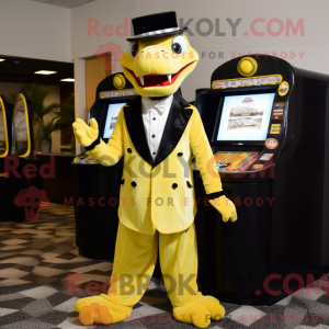 Mascot character of a Lemon Yellow Anaconda dressed with a Tuxedo and Coin purses