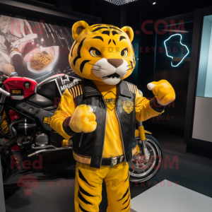 Yellow Tiger mascot costume character dressed with a Moto Jacket and Brooches