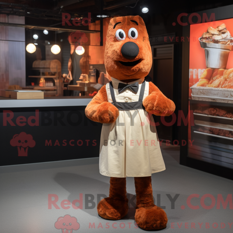 Mascot character of a Rust Shepard'S Pie dressed with a Mini Dress and Bow ties Mascot character of a Rust Shepard'S Pie dressed with a Mini Dress and Bow ties