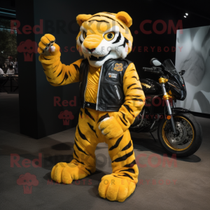 Yellow Tiger mascot costume character dressed with a Moto Jacket and Brooches