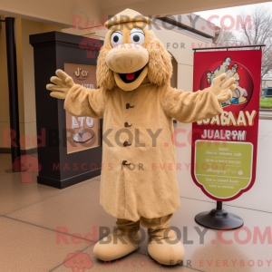 Mascot character of a Beige Jambalaya dressed with a Coat and Shoe clips