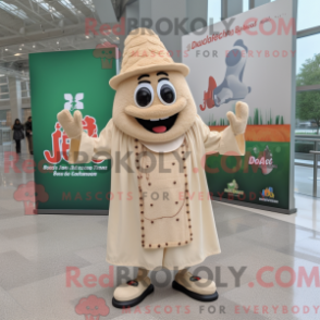 Mascot character of a Beige Jambalaya dressed with a Coat and Shoe clips