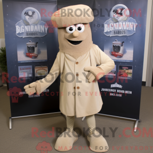 Mascot character of a Beige Jambalaya dressed with a Coat and Shoe clips