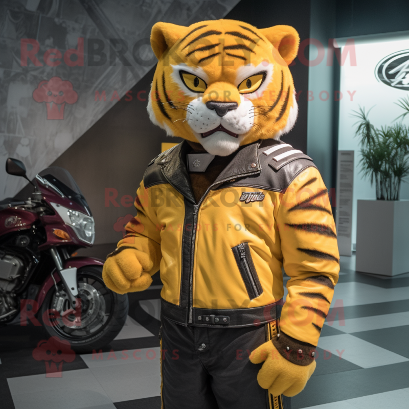 Yellow Tiger mascot costume character dressed with a Moto Jacket and Brooches