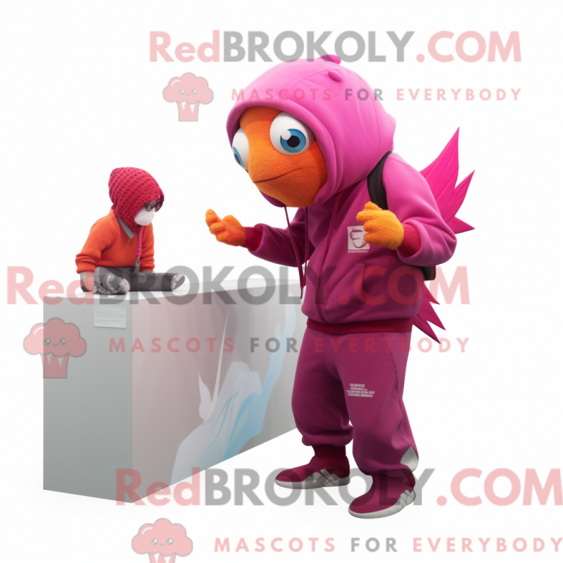 Mascot character of a Magenta Goldfish dressed with a Hoodie and Watches Mascot character of a Magenta Goldfish dressed with a Hoodie and Watches