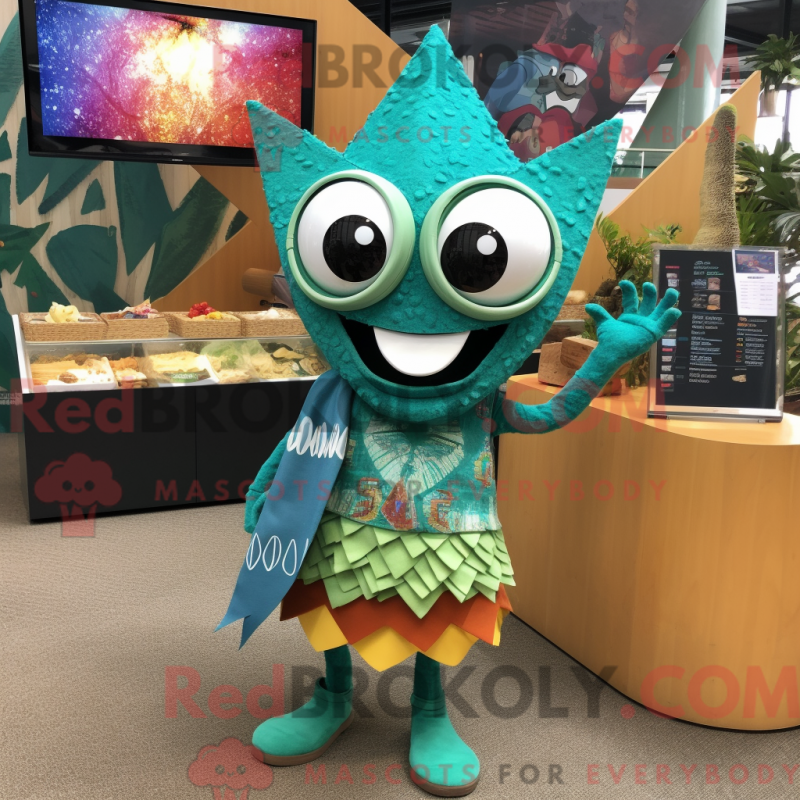 Mascot character of a Teal Nachos dressed with a Bikini and Earrings Mascot character of a Teal Nachos dressed with a Bikini and Earrings