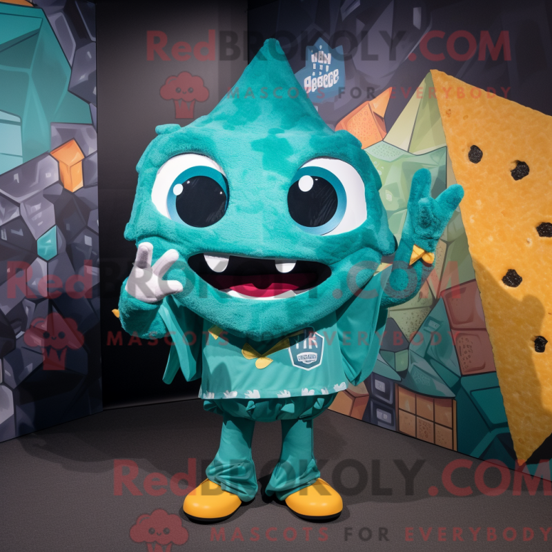 Mascot character of a Teal Nachos dressed with a Bikini and Earrings Mascot character of a Teal Nachos dressed with a Bikini and Earrings