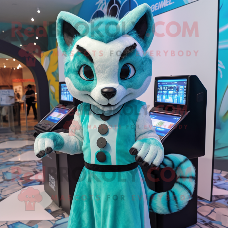 Cyan Civet mascot costume character dressed with a Midi Dress and Wallets Cyan Civet mascot costume character dressed with a Midi Dress and Wallets