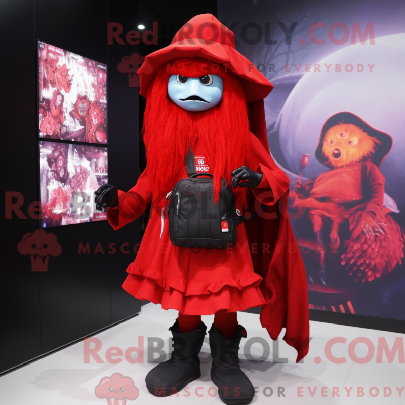 Mascot character of a Red Witch dressed with a Graphic Tee and Backpacks Mascot character of a Red Witch dressed with a Graphic Tee and Backpacks