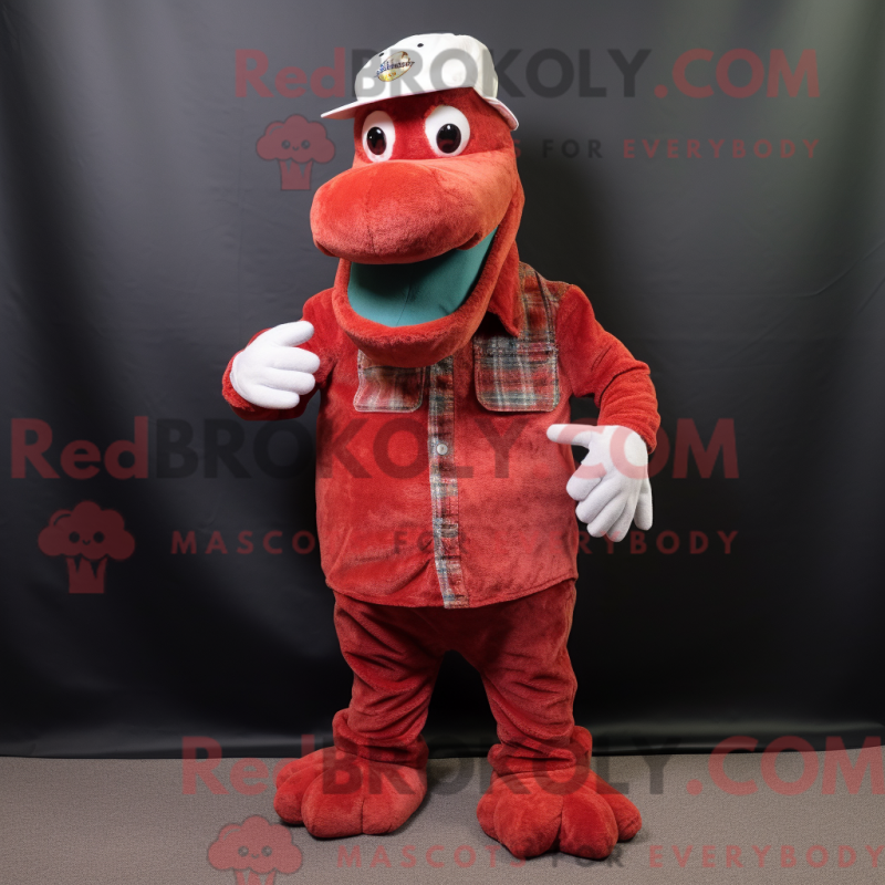 Mascot character of a Red Loch Ness Monster dressed with a Corduroy Pants and Hat pins Mascot character of a Red Loch Ness Monster dressed with a Corduroy Pants and Hat pins