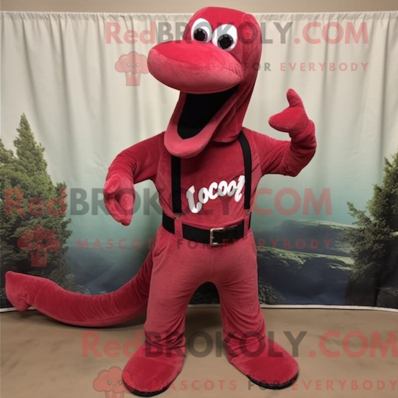 Mascot character of a Red Loch Ness Monster dressed with a Corduroy Pants and Hat pins Mascot character of a Red Loch Ness Monster dressed with a Corduroy Pants and Hat pins