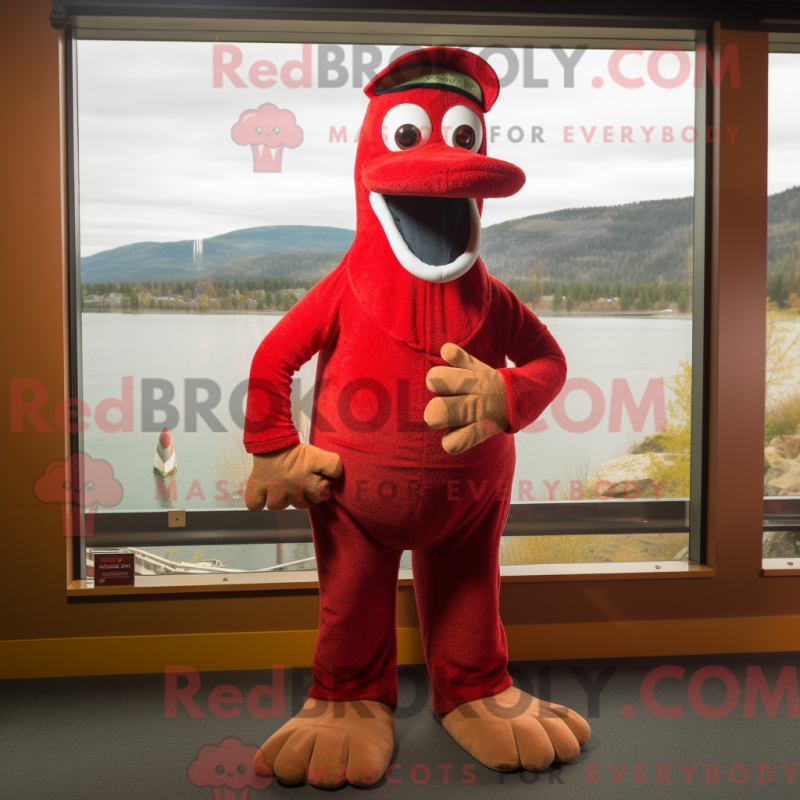 Mascot character of a Red Loch Ness Monster dressed with a Corduroy Pants and Hat pins Mascot character of a Red Loch Ness Monster dressed with a Corduroy Pants and Hat pins