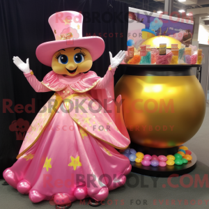 Mascot character of a Pink Pot Of Gold dressed with a Ball Gown and Hats