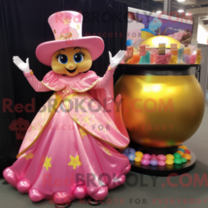 Mascot character of a Pink Pot Of Gold dressed with a Ball Gown and Hats