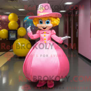 Mascot character of a Pink Pot Of Gold dressed with a Ball Gown and Hats